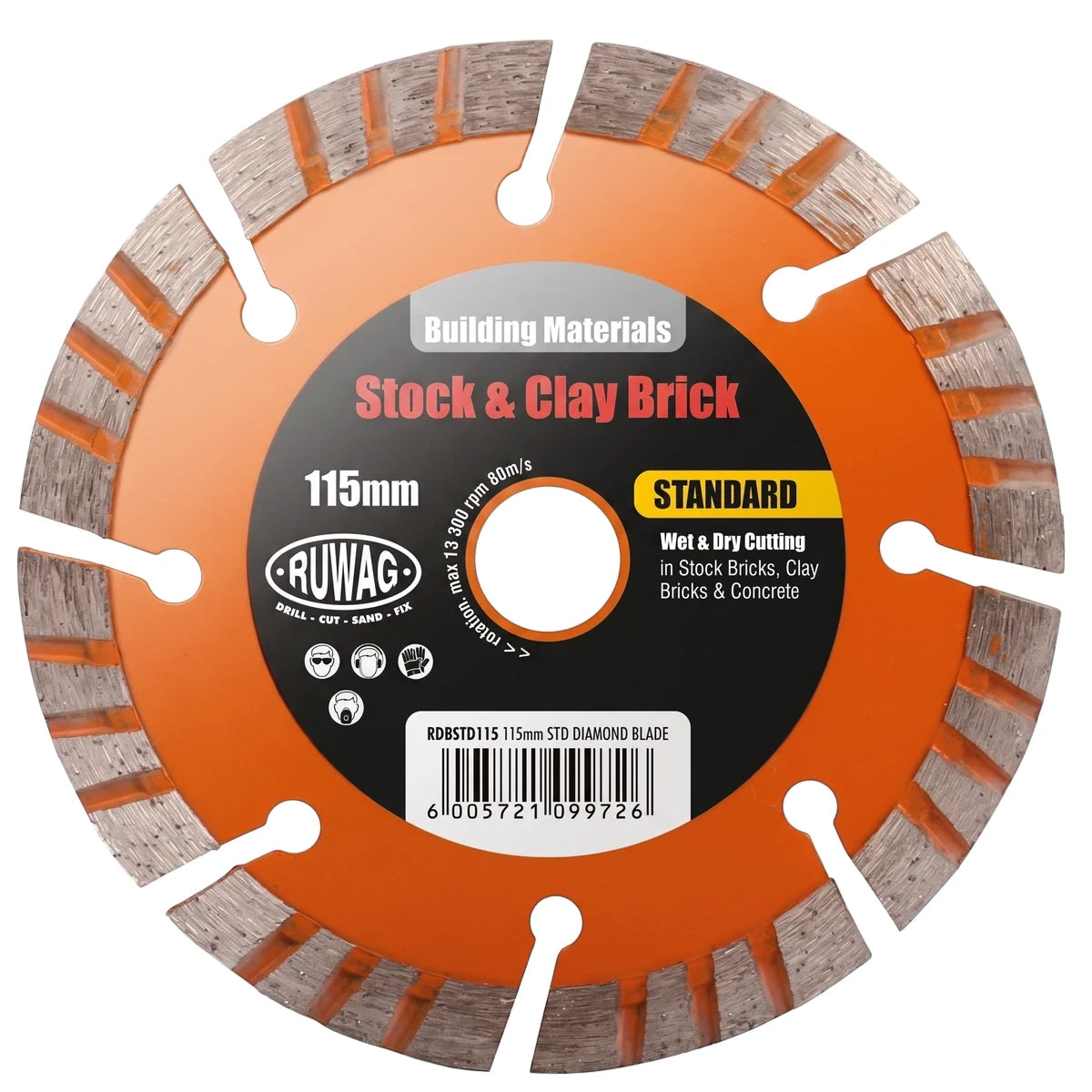 An orange and grey Ruwag 115mm Standard Diamond Blade, a circular cutting tool for stock and clay brick and concrete.