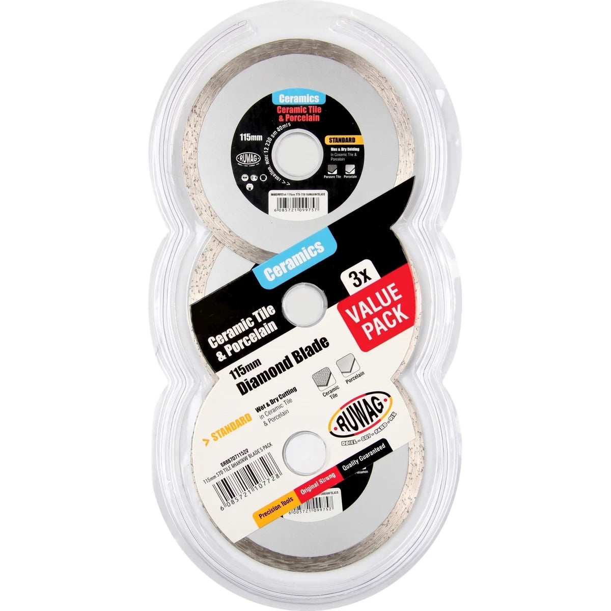 Ruwag 115mm Standard Tile Diamond Blade 3-pack for ceramic and porcelain, shown in clear plastic packaging.