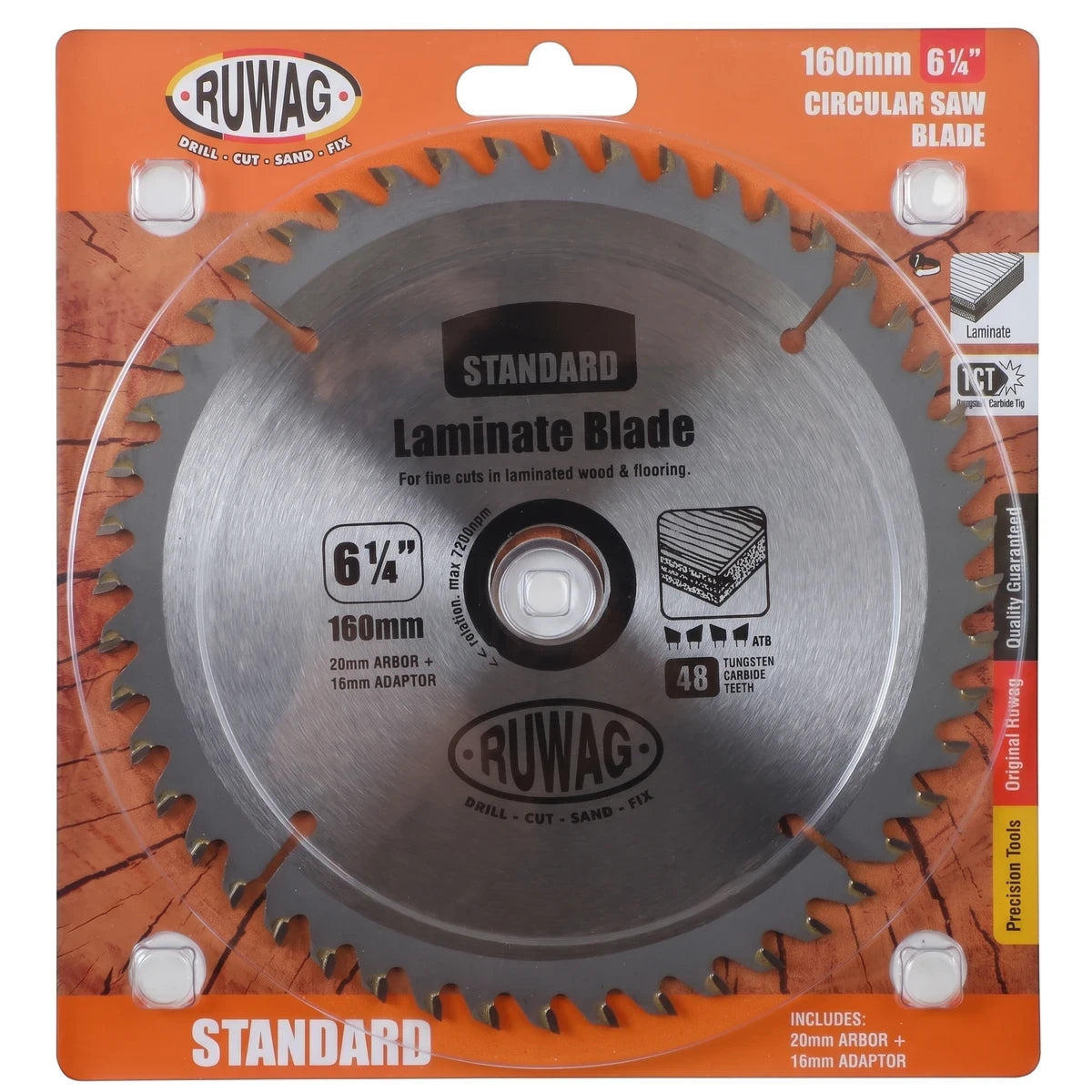 RuWag 160mm (6 1/4 inch) circular saw blade with 48 tungsten carbide teeth for laminate wood, shown in retail packaging.