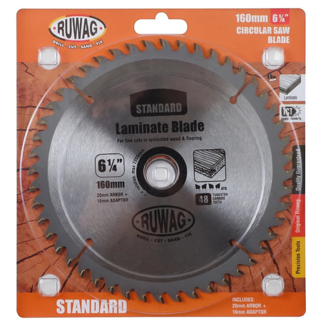 RuWag 160mm (6 1/4 inch) circular saw blade with 48 tungsten carbide teeth for laminate wood, shown in retail packaging.