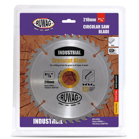 Ruwag 210mm 8 1/4 inch TCT Industrial Crosscut Circular Saw Blade with 60 teeth, shown in clear retail packaging.