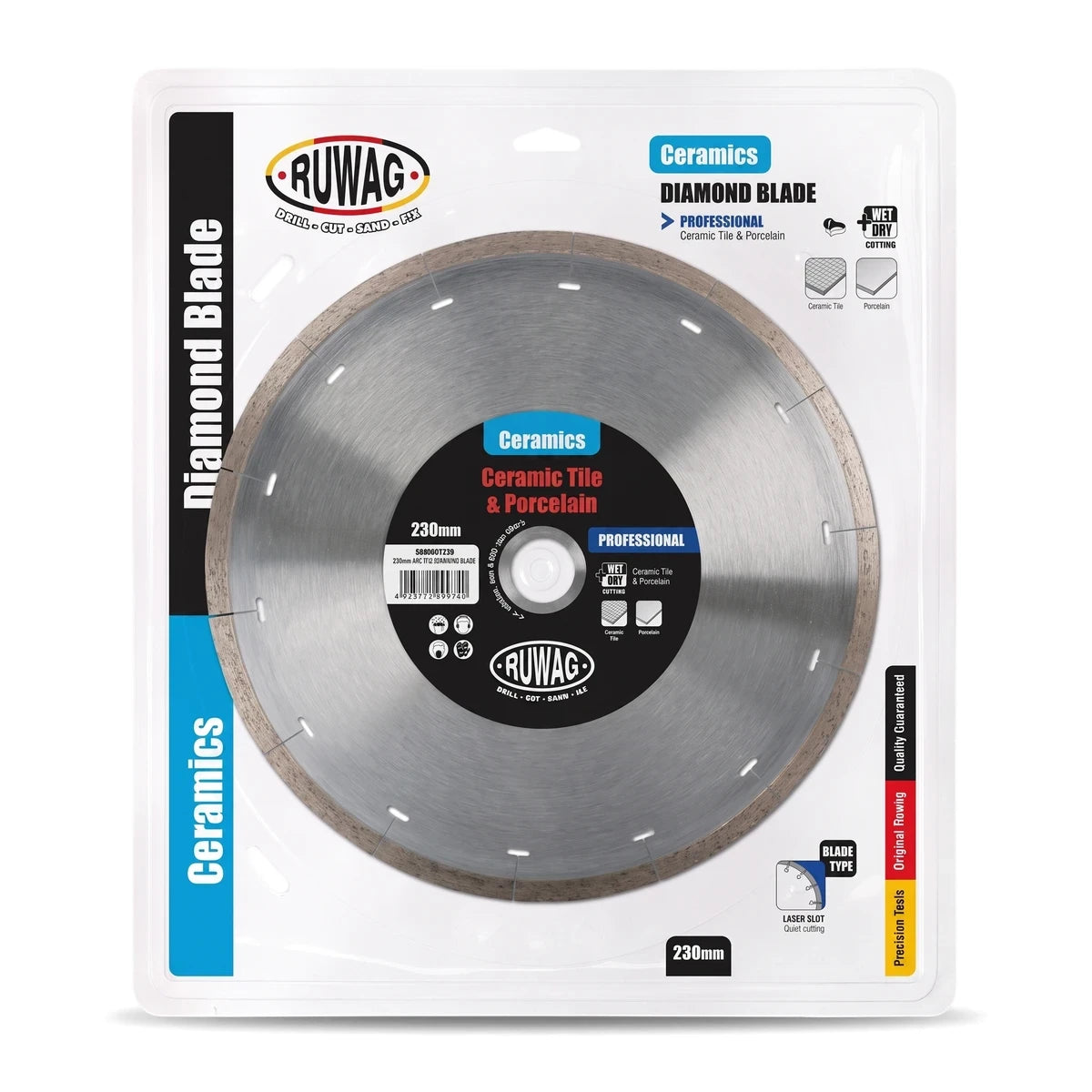 Ruwag 230mm Ceramics Diamond Blade in clear retail packaging, suitable for professional wet and dry cutting of tiles.
