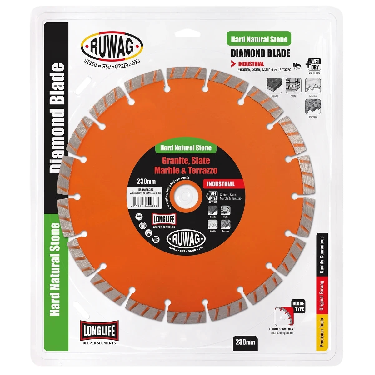 Ruwag 230mm Granite Diamond Blade for hard natural stone, industrial wet/dry cutting, displayed in clear retail packaging.