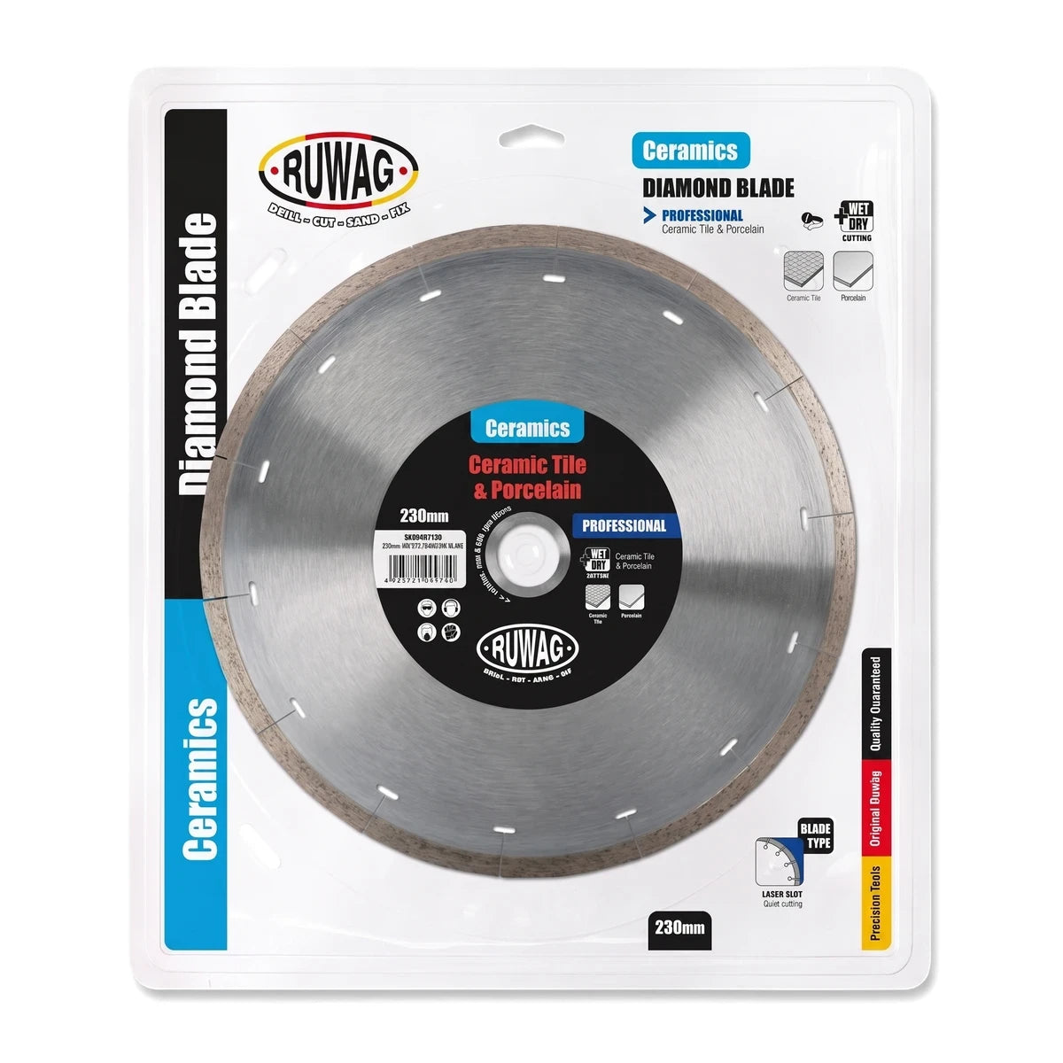 A 230mm Ruwag Industrial Tile Diamond Blade for ceramic and porcelain, presented in its clear retail packaging.