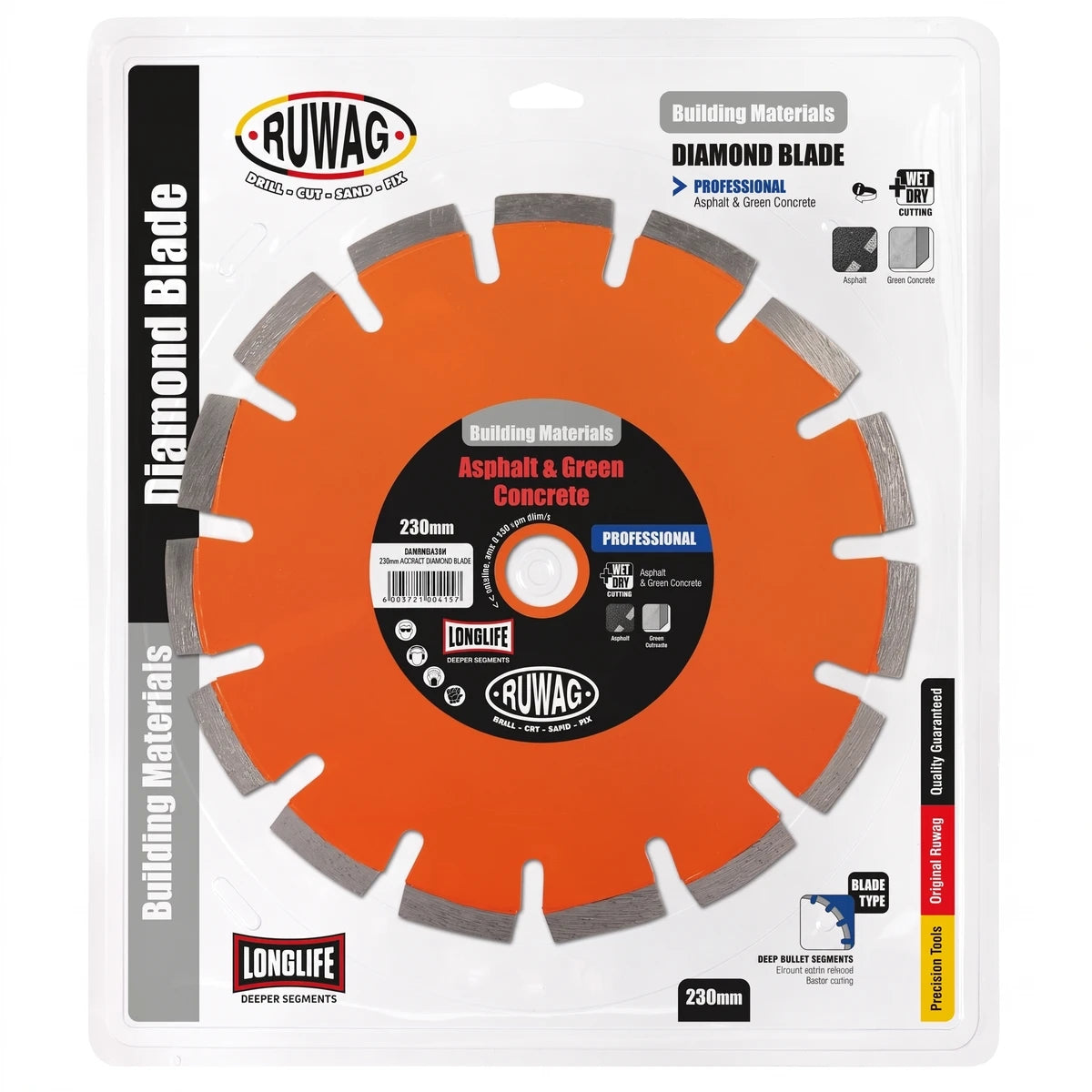 Orange 230mm Ruwag professional diamond blade for cutting asphalt and green concrete, enclosed in clear retail packaging.