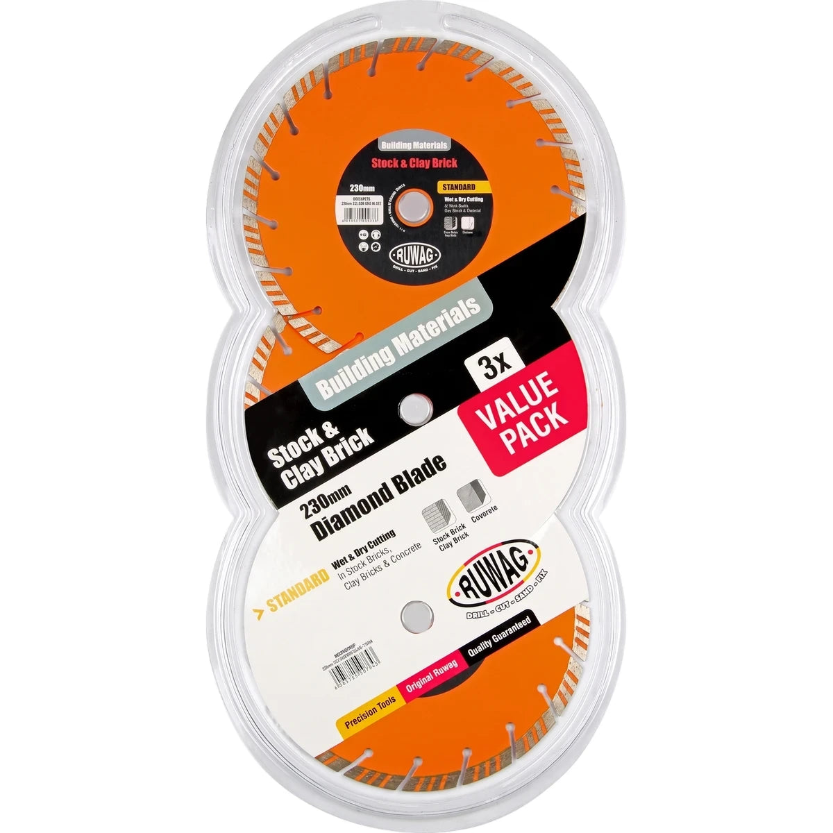 Ruwag 230mm Standard Diamond Blade 3-pack in clear plastic packaging for cutting stock and clay brick.