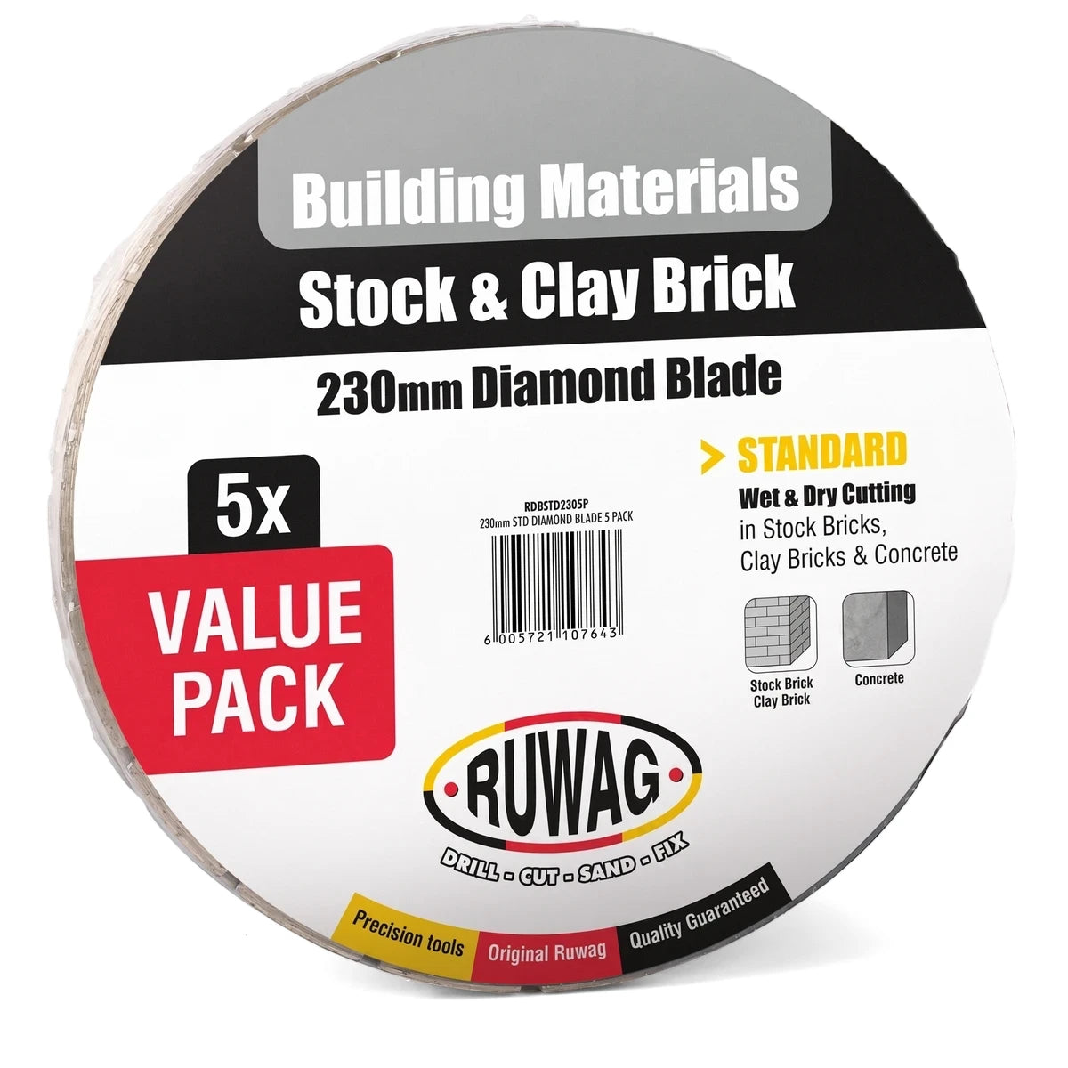 Ruwag 230mm Standard Diamond Blade 5-pack for wet and dry cutting in stock brick, clay brick, and concrete, in circular