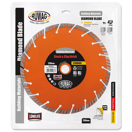 Standard 230mm Ruwag Diamond Blade in orange and silver packaging for cutting stock brick, clay brick, and concrete.
