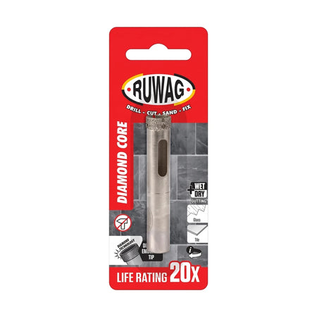 Ruwag 30mm Diamond Tile Drill Bit in its red and gray retail packaging, suitable for wet and dry cutting of glass and tile.