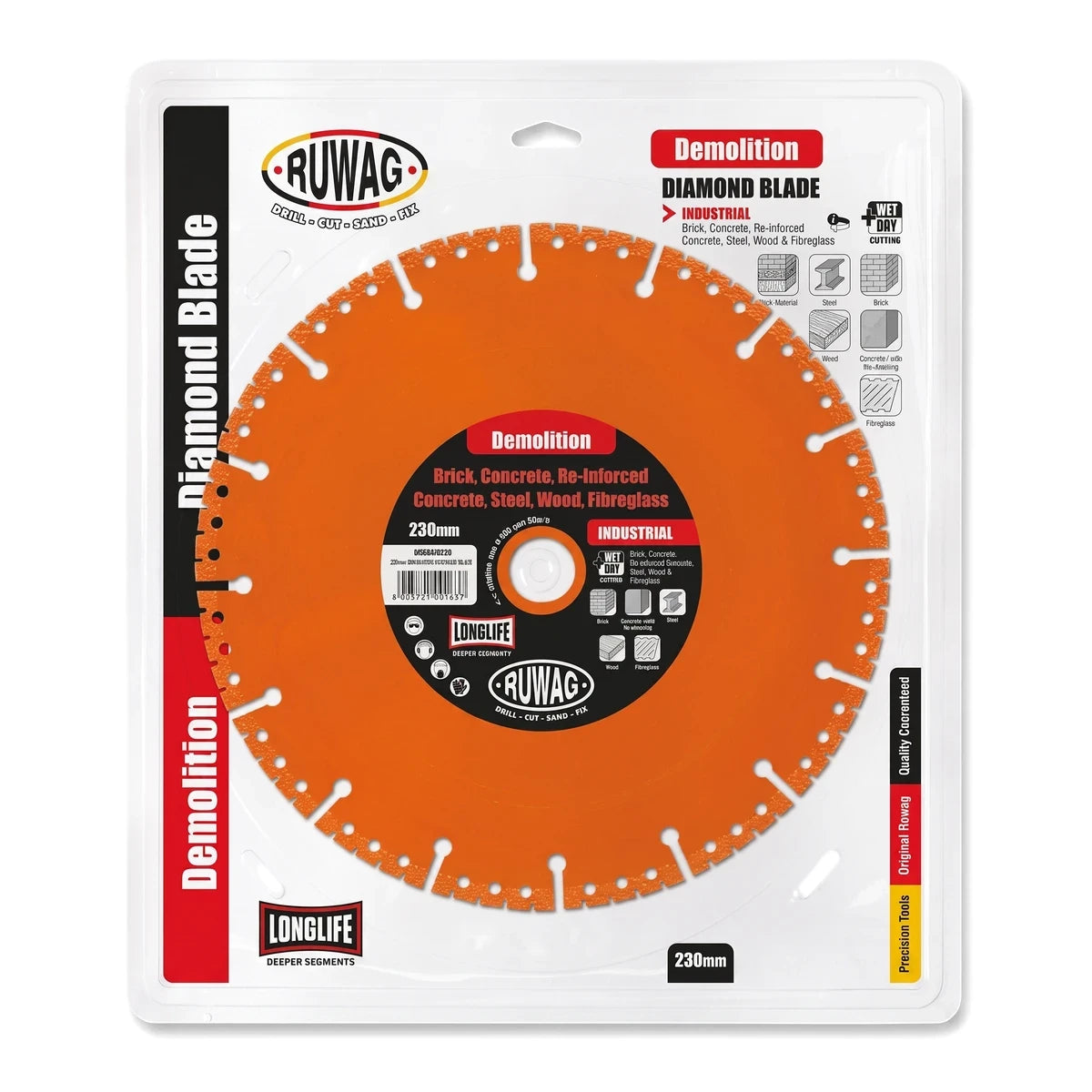 Industrial orange 230mm RuWag Demolition Diamond Blade in packaging for heavy-duty cutting of concrete, steel, wood, and