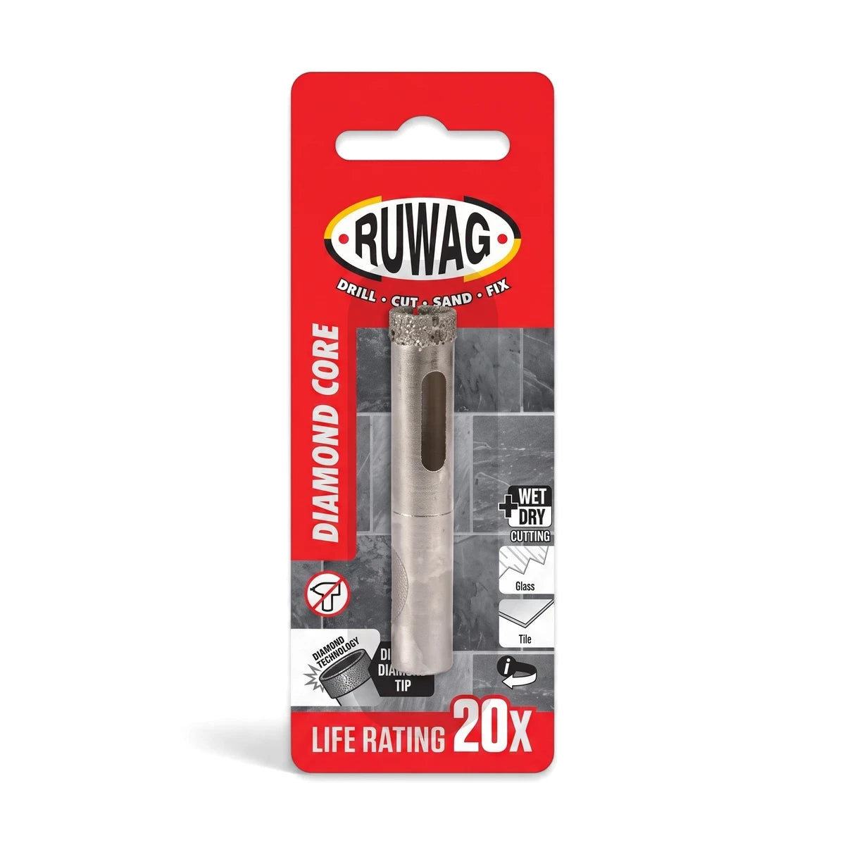 Ruwag Diamond Core tile drill bit, 12mm, in red and gray packaging, designed for wet and dry cutting of glass and tile.