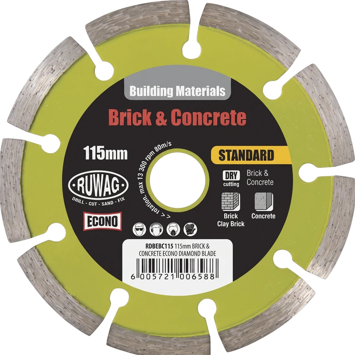 A green and grey Ruwag Econo 115mm diamond blade for cutting brick and concrete, with branding.