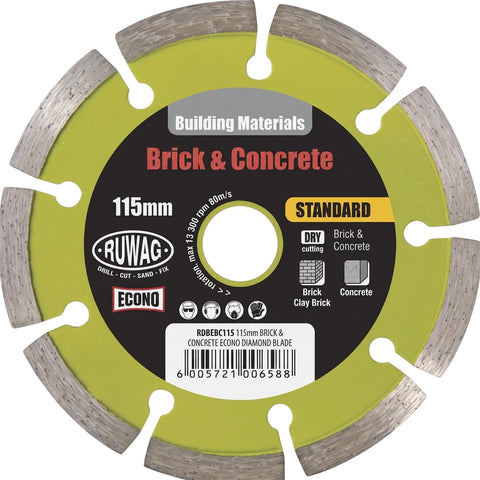 A green and grey Ruwag Econo 115mm diamond blade for cutting brick and concrete, with branding.