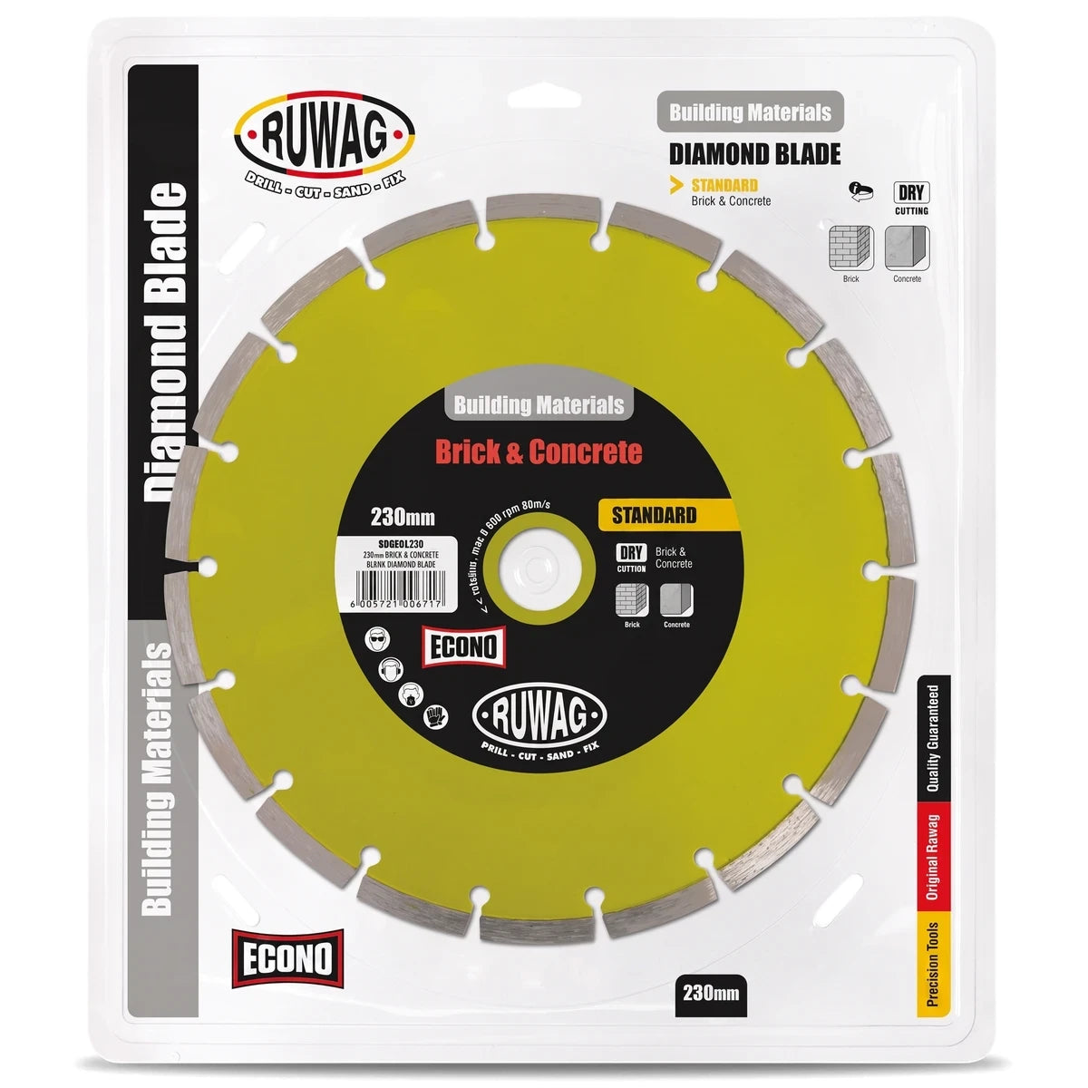 Ruwag Econo 230mm diamond blade for brick and concrete cutting, shown in its retail packaging.