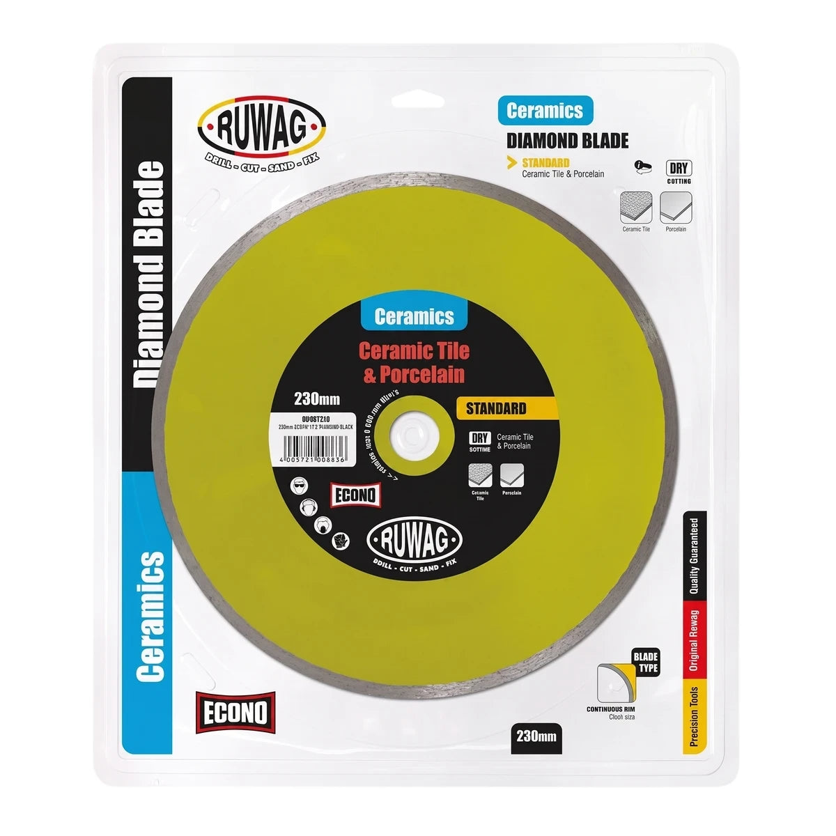 Ruwag Econo Tile Diamond Blade 230mm for ceramic tile and porcelain, packaged in clear plastic and cardboard.