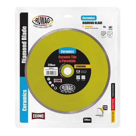 Ruwag Econo Tile Diamond Blade 230mm for ceramic tile and porcelain, packaged in clear plastic and cardboard.
