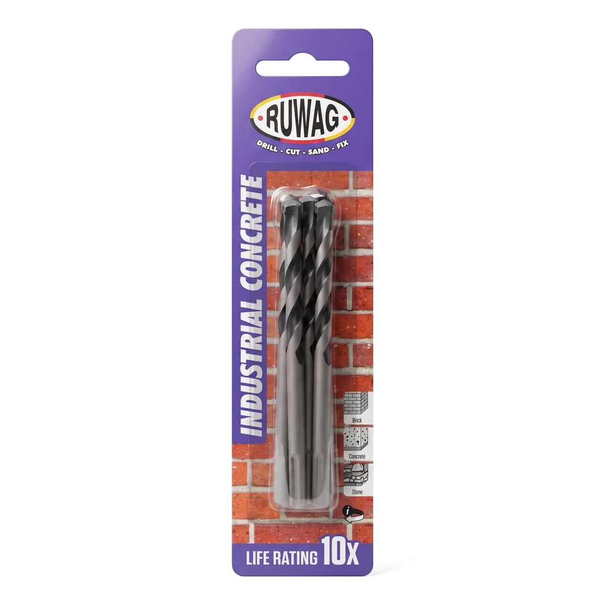 Ruwag Industrial Concrete Drill Bit 5-pack in purple and brick packaging, showing three grey drill bits.