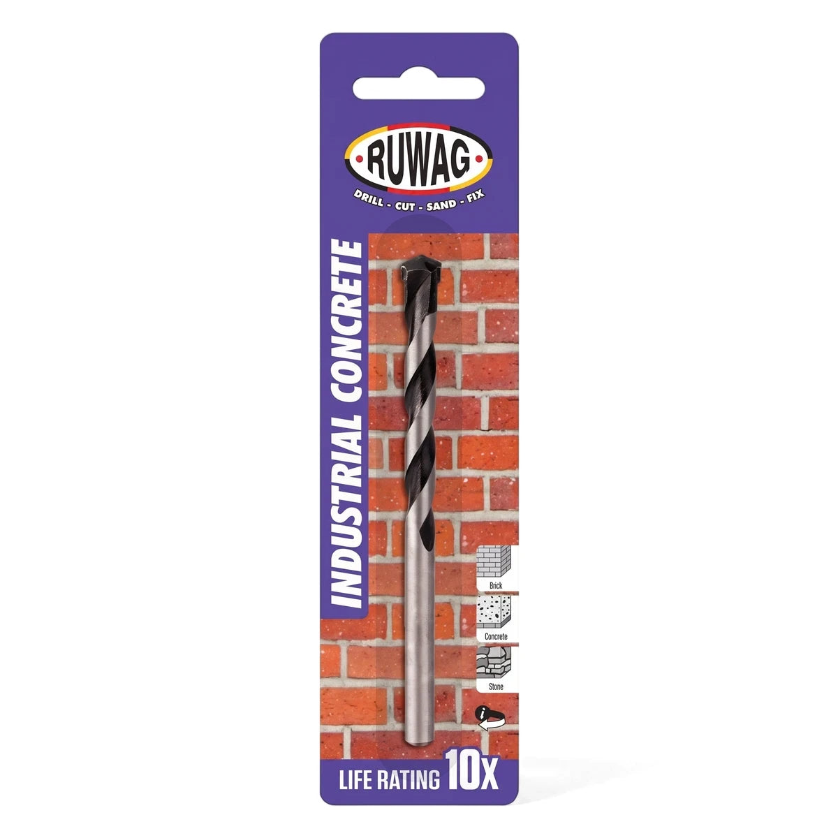 Ruwag Industrial Concrete Drill Bit 8.00mm in purple and brick-patterned retail packaging.