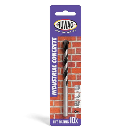 Ruwag Industrial Concrete drill bit in retail packaging, featuring a black and silver twisted drill head for masonry work.