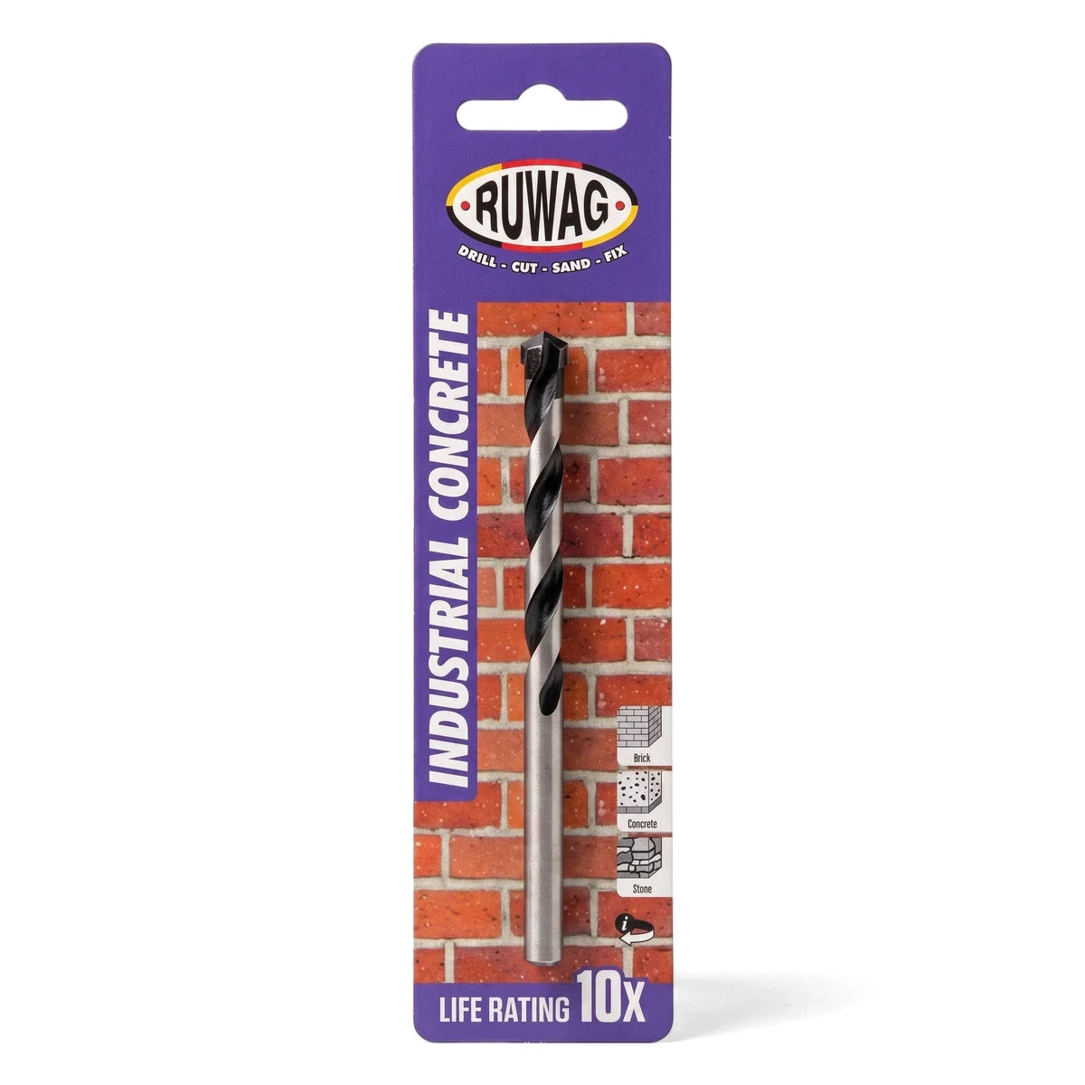 Ruwag Industrial Concrete Drill Bit in purple and yellow retail packaging, showing a silver and black drill bit for brick,