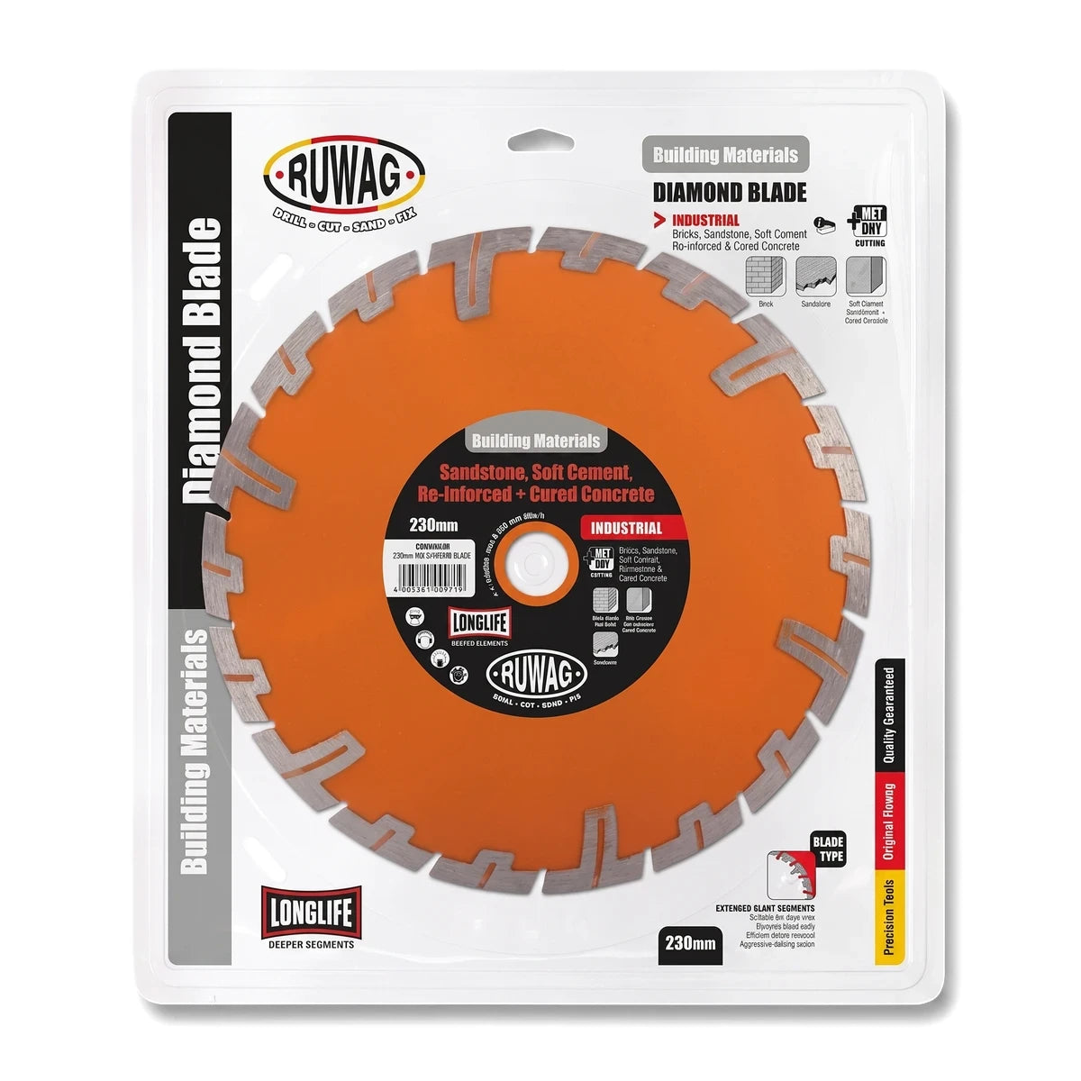 Orange 230mm Ruwag Industrial Diamond Blade in clear retail packaging for cutting building materials.