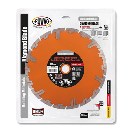 Orange 230mm Ruwag Industrial Diamond Blade in clear retail packaging for cutting building materials.