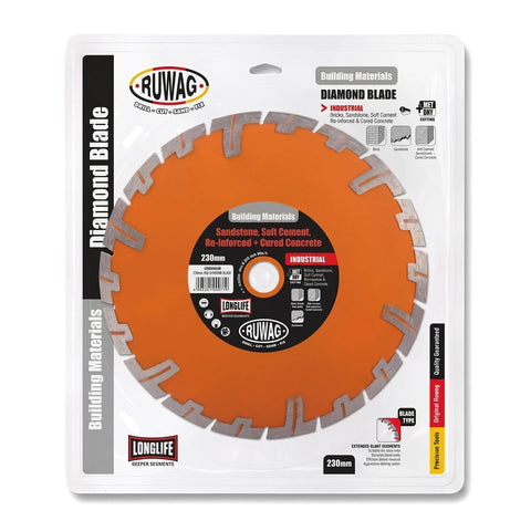 Orange 230mm Ruwag Industrial Diamond Blade in clear retail packaging for cutting building materials.