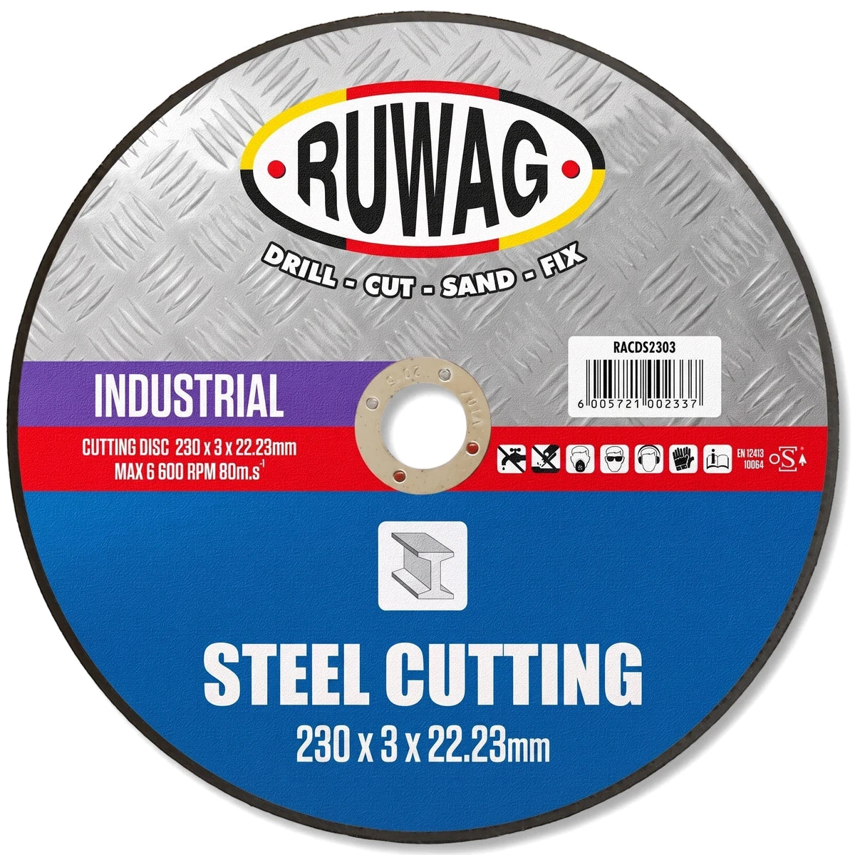 Circular Ruwag Industrial Steel Abrasive Cutting Disc, 230mm diameter, for metal fabrication and grinding applications.