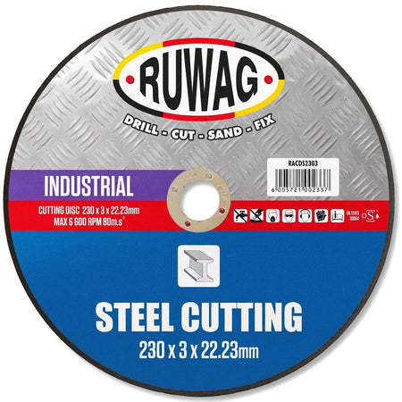Circular Ruwag Industrial Steel Abrasive Cutting Disc, 230mm diameter, for metal fabrication and grinding applications.