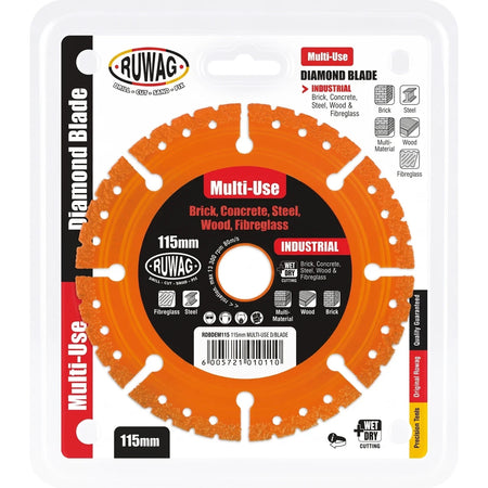 Multi-Purpose Diamond Blade, 115mm, by Ruwag, displayed in its orange and black retail packaging, ideal for brick, concrete,