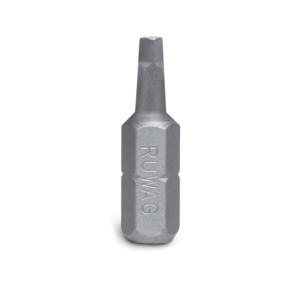 Silver metallic RUWAG No. 0 square drive power screwdriver bit with hexagonal shank and visible branding on a white