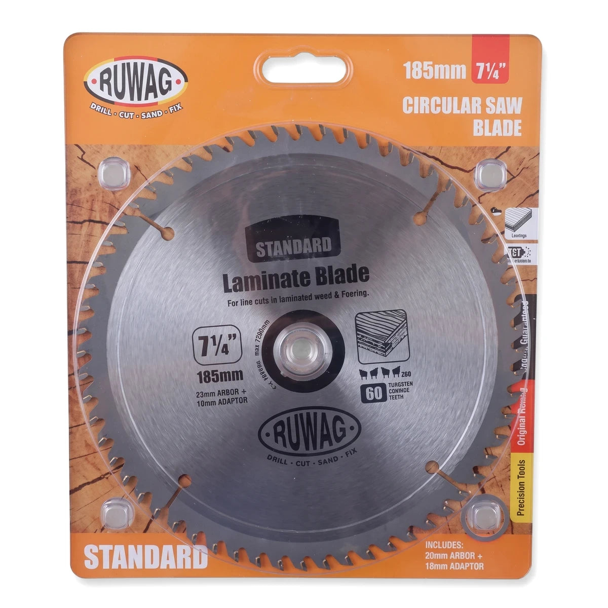 Ruwag Standard 185mm 7 1/4 inch TCT Z60 circular saw blade in orange and black retail packaging.