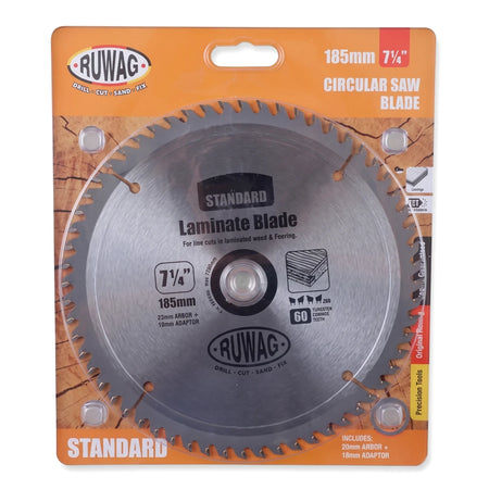 Ruwag Standard 185mm 7 1/4 inch TCT Z60 circular saw blade in orange and black retail packaging.