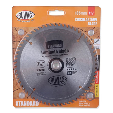 Ruwag Standard 185mm 7 1/4 inch TCT Z60 circular saw blade in orange and black retail packaging.