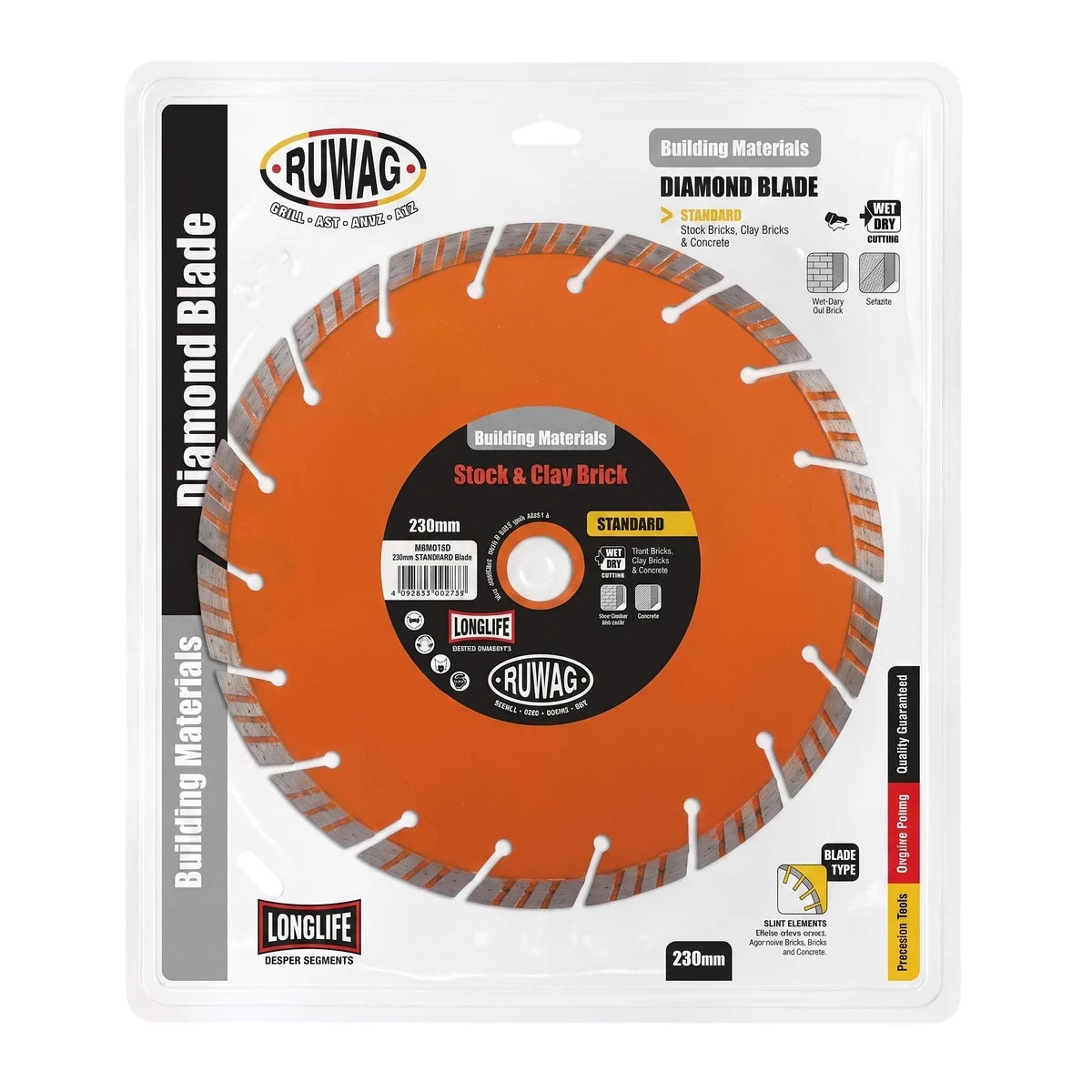 A Ruwag Standard Diamond Blade, 230mm, for Stock & Clay Brick, featuring an orange segmented blade, sealed in its