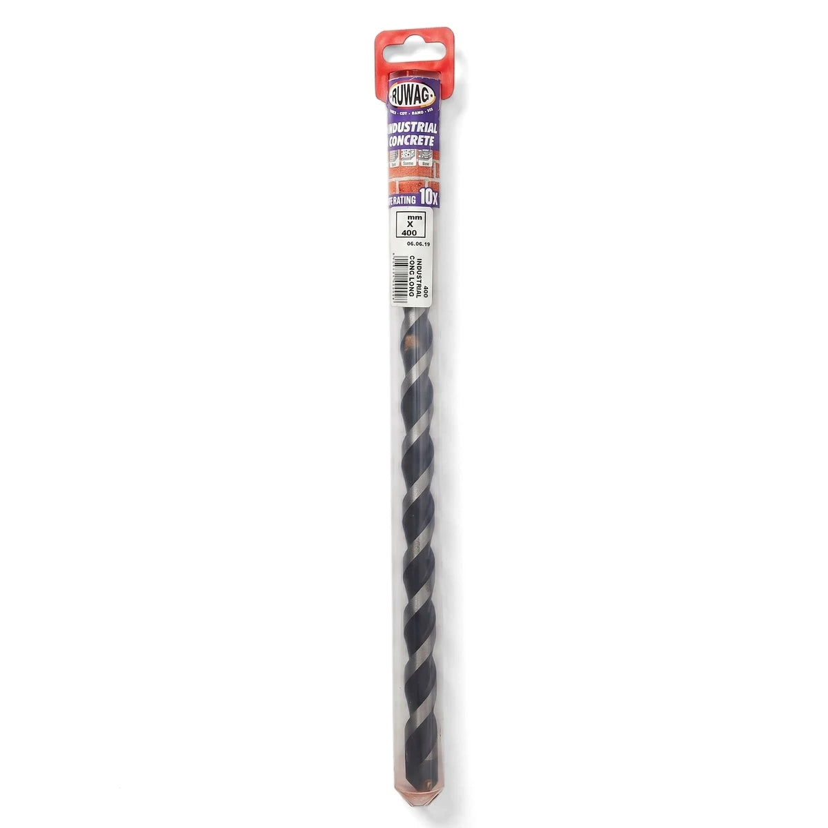 Ruwag Standard Long Brick Industrial Concrete Drill Bit, black and silver, in clear plastic packaging with red hang tab.