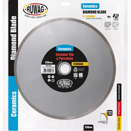Ruwag Standard Tile Diamond Blade, 230mm, for ceramic tile and porcelain, displayed in its retail packaging.