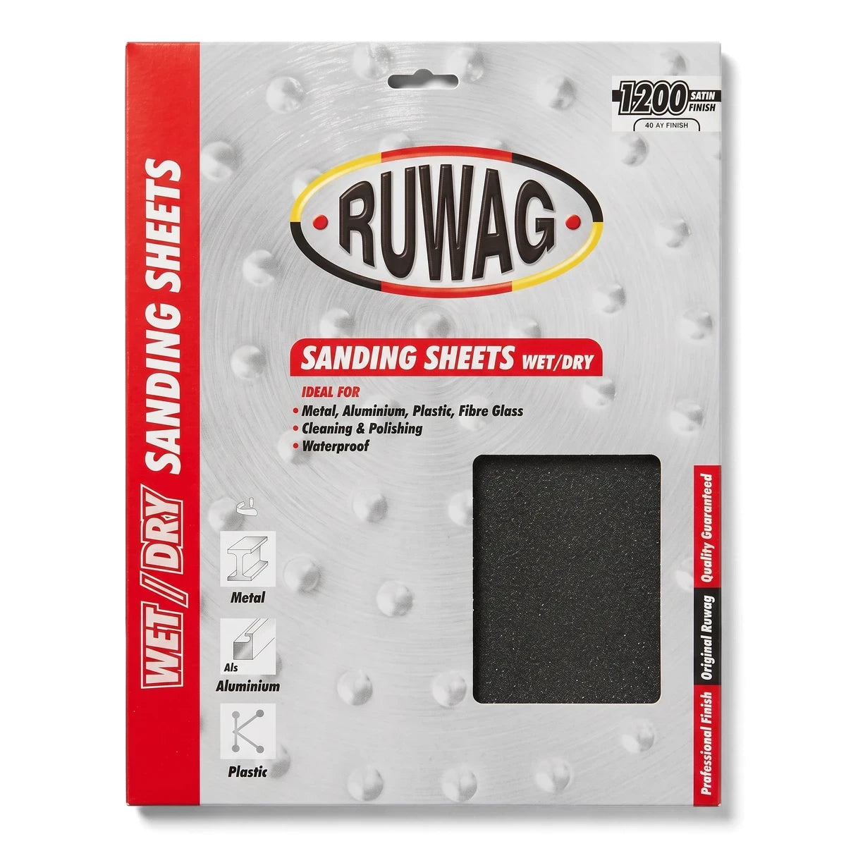 Ruwag Waterproof Wet/Dry Sandpaper Sheet 50-pack in its retail packaging featuring a red and silver design.
