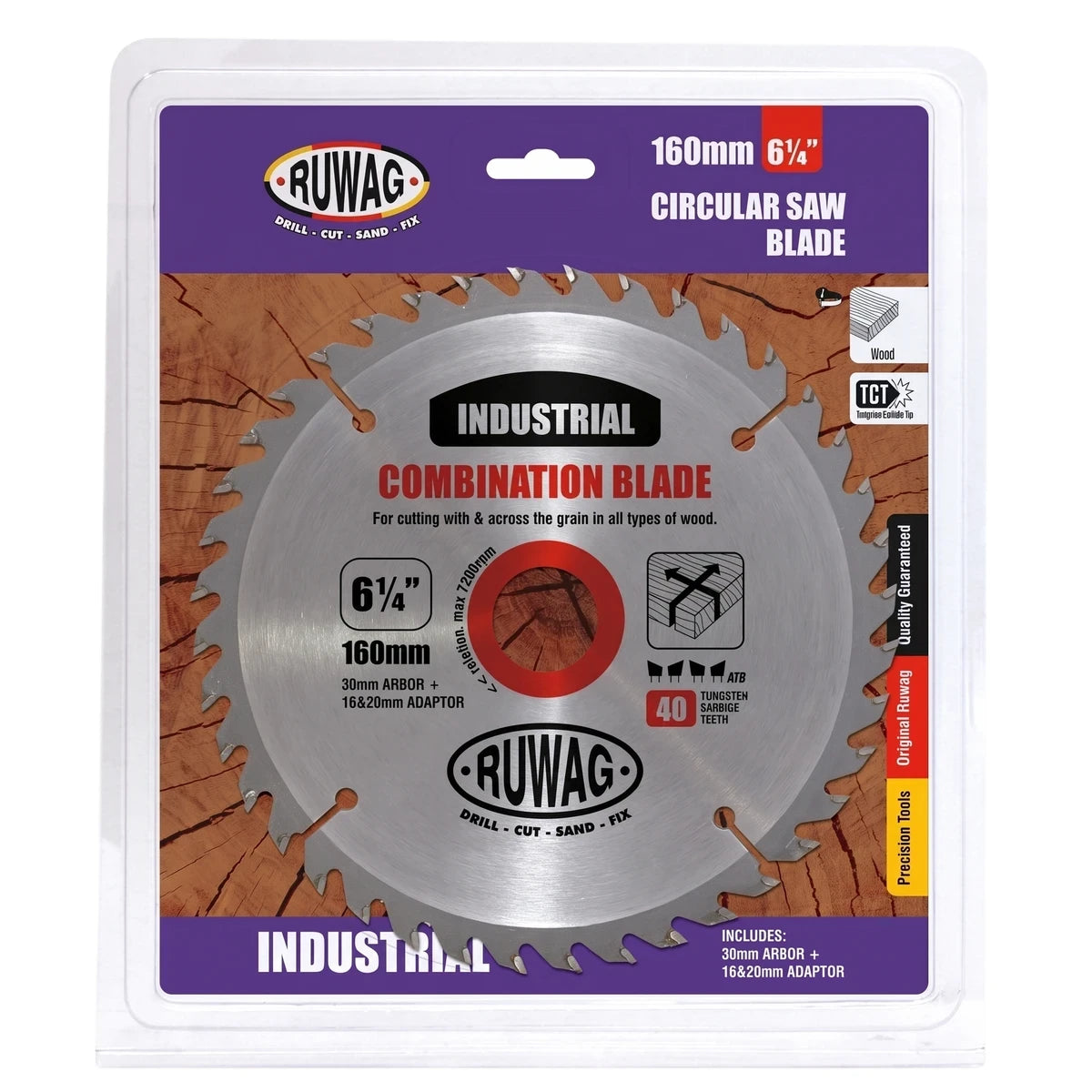 Ruwag Z40 160mm 6 1/4 inch TCT industrial combination circular saw blade for cutting wood, shown in packaging.