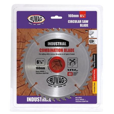 Ruwag Z40 160mm 6 1/4 inch TCT industrial combination circular saw blade for cutting wood, shown in packaging.