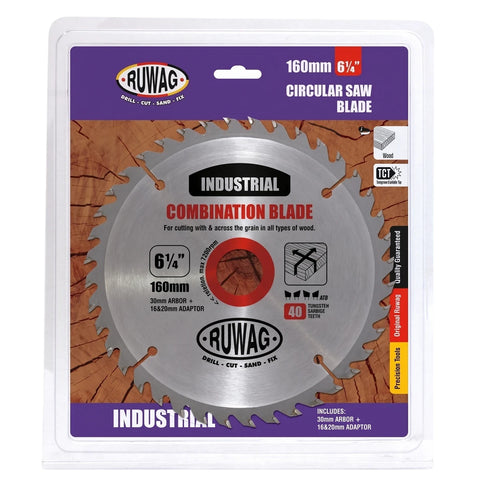 Ruwag Z40 160mm 6 1/4 inch TCT industrial combination circular saw blade for cutting wood, shown in packaging.