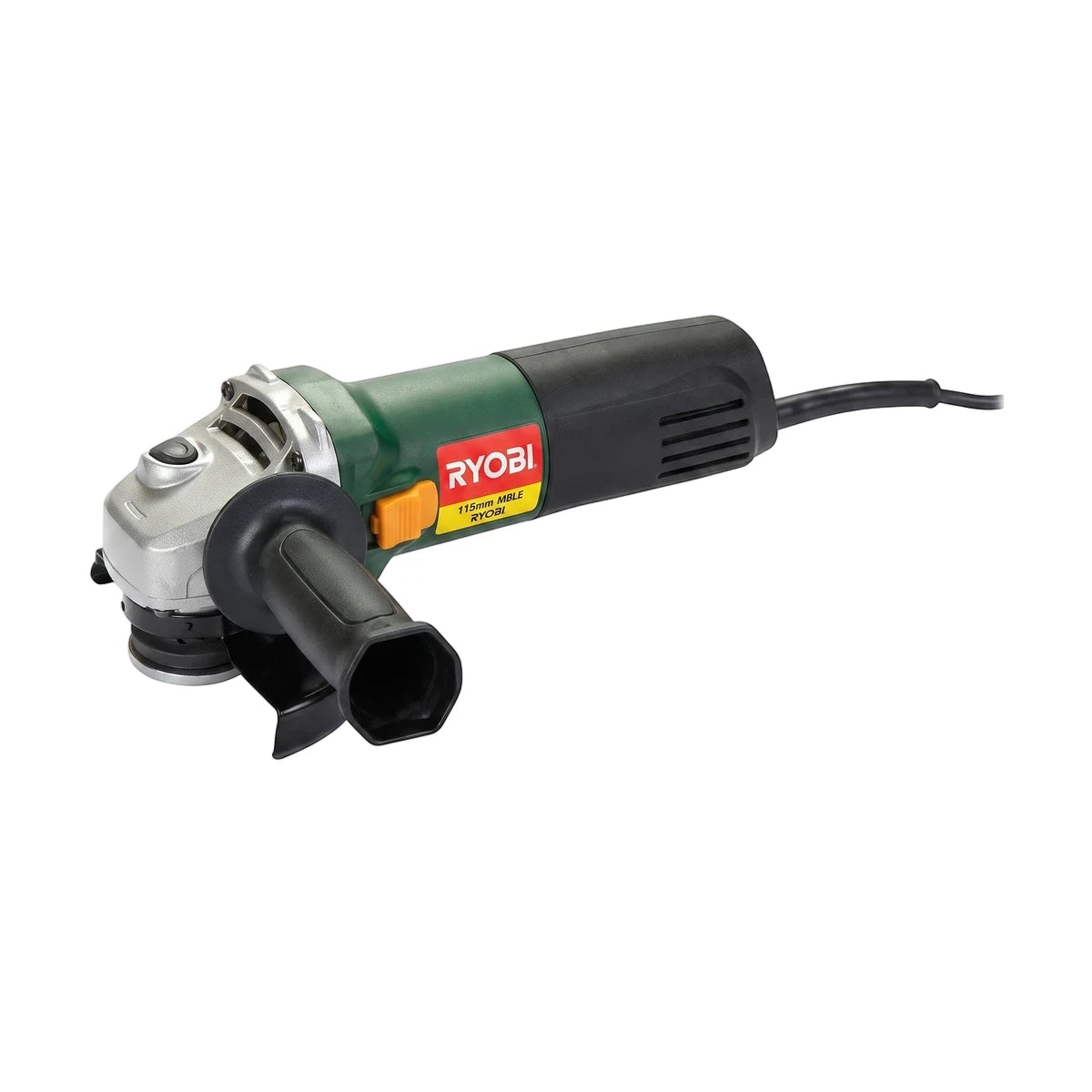 Green and black Ryobi 115mm angle grinder with a 650W motor and black side handle, presented in a studio shot.