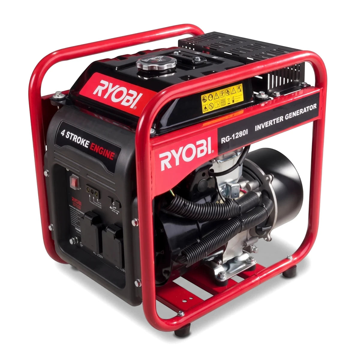 Red and black Ryobi 1200W open frame inverter generator, angled view. Features a sturdy red frame, black engine housing, and