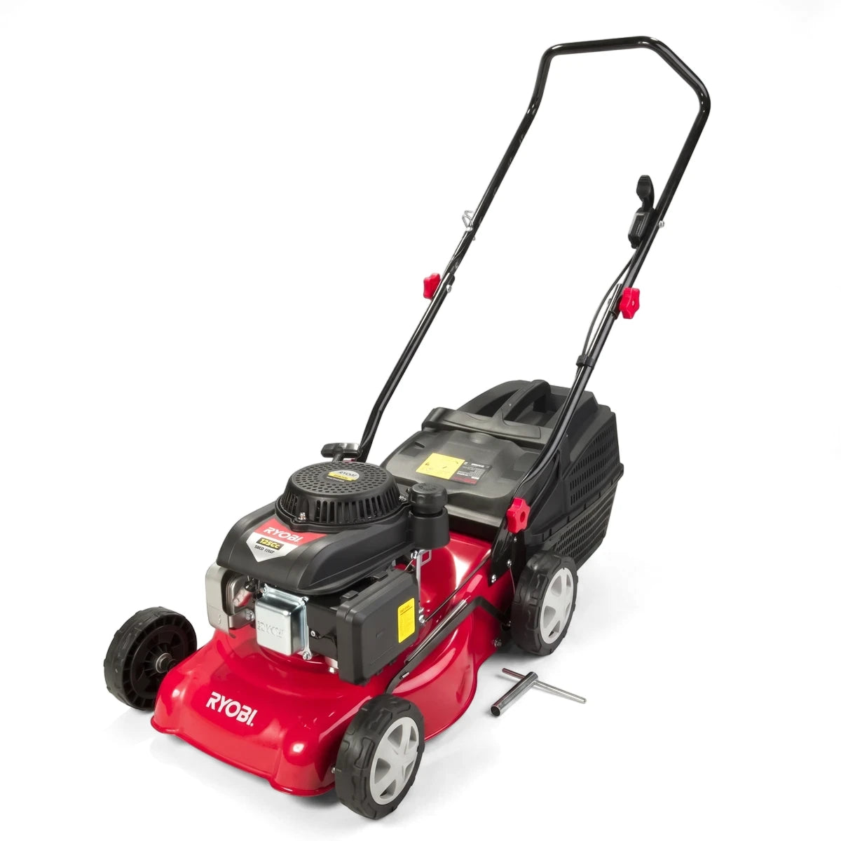 Red Ryobi 125Cc petrol lawnmower with a 410mm cutting width, black engine, and white wheels.