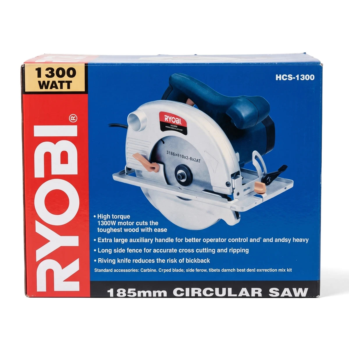 Ryobi 1300W 185mm Handheld Circular Saw in its red and blue packaging box, shown from the front.
