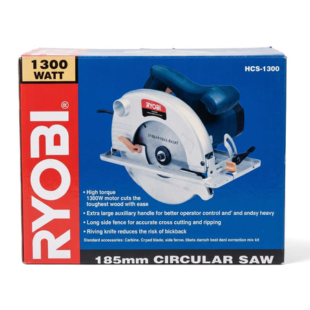Ryobi 1300W 185mm Handheld Circular Saw in its red and blue packaging box, shown from the front.