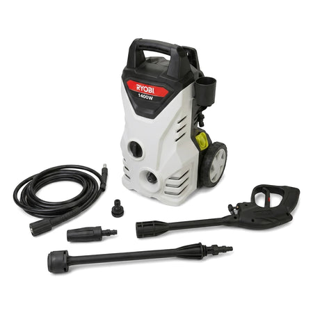 Ryobi 1400W high pressure washer with black hose and various spray nozzles on a white background.