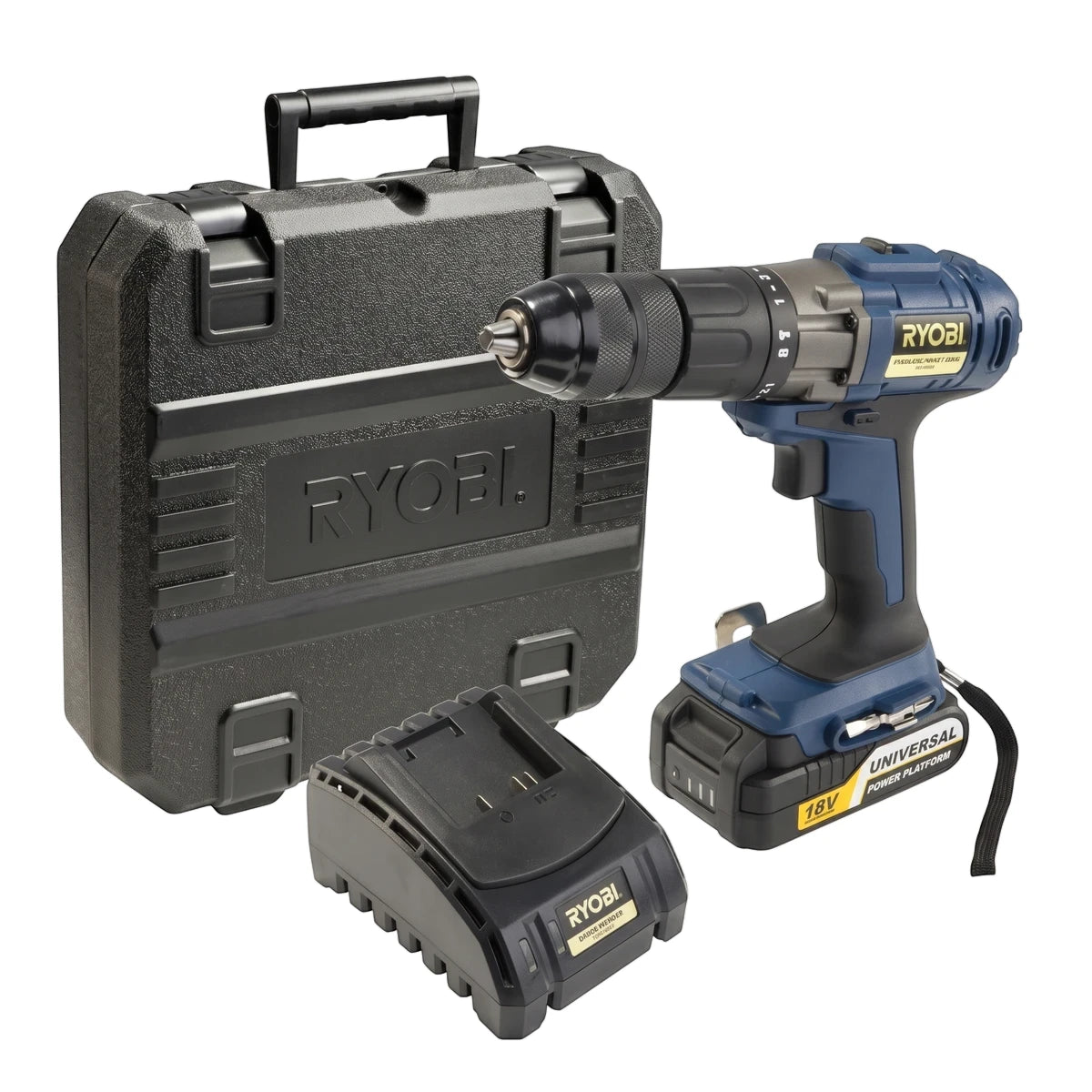 Ryobi 18V Cordless Impact Drill Kit in blue and black, with a battery and a black carrying case.