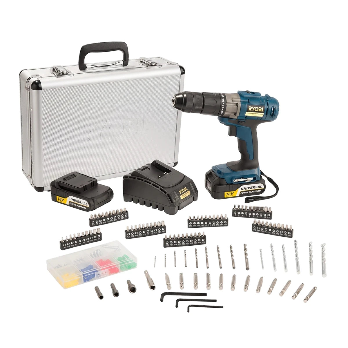 Ryobi 18V Lithium-Ion cordless drill driver kit with two batteries, a charger, silver case, and 158 pieces of various bits.