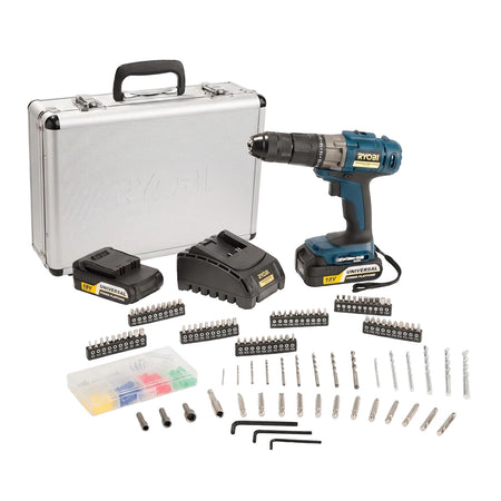 Ryobi 18V Lithium-Ion cordless drill driver kit with two batteries, a charger, silver case, and 158 pieces of various bits.